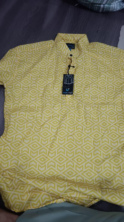 Men's Printed Spread Collar Casual Shirt Yellow